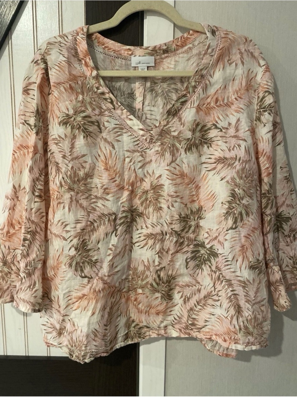 J JILL Love Linen Soft Rose Floral Leaf Print Blouse Top Boho Preppy XLPetite